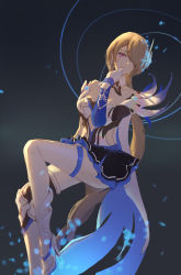 Rule 34 | 1girl, alternate hairstyle, bare shoulders, boots, brown hair, closed mouth, dress, earrings, hair over one eye, highres, honkai (series), honkai impact 3rd, jewelry, long hair, looking at viewer, ponytail, purple eyes, rita rossweisse, rita rossweisse (artemis), smile, solo, taichi (yirkorn), thigh boots, white dress, white footwear