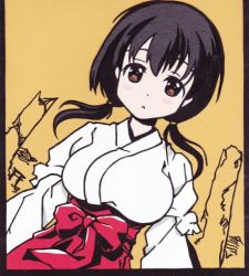 Rule 34 | 1girl, blush, breasts, brown eyes, goncccc, japanese clothes, jindai komaki, large breasts, miko, saki (manga), solo, traditional media, twintails