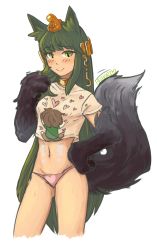 Rule 34 | !, 1girl, absurdres, alternate costume, animal ears, animal hands, anubis (monster girl encyclopedia), blush, closed mouth, collar, commentary, commission, contrapposto, cowboy shot, crop top, dark green hair, egyptian clothes, green eyes, green hair, hair ornament, hand on own hip, heart, heart print, hhhori, highres, jewelry, long hair, looking at viewer, midriff, monster girl, monster girl encyclopedia, navel, pajamas, panties, pink panties, pink shirt, shirt, signature, simple background, slit pupils, smile, snake hair ornament, solo, standing, tail, tail raised, underwear, very long hair, white background, wolf ears, wolf tail