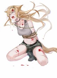 Rule 34 | 1girl, absurdres, animal ears, arknights, arms behind back, bare arms, bare shoulders, black choker, blonde hair, blood, blood on face, blue eyes, bound, breasts, chinese commentary, choker, commentary request, female focus, floating hair, grey footwear, grey hairband, grey shorts, grey tank top, hairband, highres, horn (arknights), jewelry, long hair, medium breasts, midriff, navel, open mouth, pendant, restrained, rope, seiza, shoes, short shorts, shorts, simple background, sitting, solo, stomach, tank top, thighs, tied up (nonsexual), white background, wolf ears, zuo daoxing