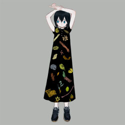 Rule 34 | 1girl, arm over head, arms up, bare arms, black dress, black footwear, blue eyes, buttons, character request, closed mouth, copyright request, dress, floral print, full body, grey background, hair between eyes, looking to the side, pale skin, plant print, seashell print, shoes, short sleeves, simple background, sneakers, sokoko, solo, standing, vegetable print