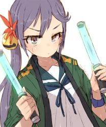 Rule 34 | 1girl, akebono (kancolle), alchera, bell, blue sailor collar, commentary request, flower, hair bell, hair flower, hair ornament, happi, japanese clothes, jingle bell, kantai collection, light stick, long hair, one-hour drawing challenge, open mouth, purple eyes, purple hair, sailor collar, school uniform, serafuku, side ponytail, simple background, solo, teeth, upper teeth only, very long hair, white background
