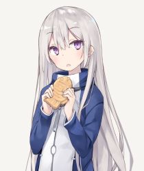Rule 34 | 1girl, blush, commentary request, fang, food, grey background, grey hair, hair between eyes, head tilt, holding, holding food, jacket, long hair, long sleeves, looking at viewer, open mouth, original, poco (asahi age), purple eyes, simple background, solo, taiyaki, turtleneck, upper body, very long hair, wagashi, white background