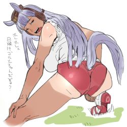 Rule 34 | 1girl, animal ears, ass, back, blunt bangs, breasts, dark-skinned female, dark skin, ettone, gold ship (umamusume), half-closed eyes, hat, highres, horse ears, horse girl, horse tail, long hair, looking at viewer, purple hair, sleeves rolled up, solo, squatting, tail, tan, tanline, teeth, tongue, tongue out, translation request, umamusume