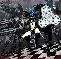 Rule 34 | 10s, 1girl, arm cannon, bad id, bad pixiv id, bikini, bikini top only, black hair, black rock shooter, black rock shooter (character), boots, breasts, chain, checkered floor, floor, front-tie top, gatling gun, glowing, glowing eyes, gun, highres, huge weapon, large breasts, machine gun, midriff, navel, perspective, scar, shell casing, shorts, solo, swimsuit, tsunekun, twintails, weapon
