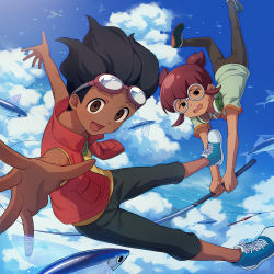 Rule 34 | 2boys, :d, asada hachi, black eyes, black hair, black pants, blue footwear, blue sky, brown eyes, brown hair, cloud, cloudy sky, commentary request, dark-skinned male, dark skin, falling, fish, fishing rod, flying fish, glasses, goggles, goggles on head, green footwear, green shirt, hamano kaiji, happy, hayami tsurumasa, headphones, headphones around neck, highres, holding, holding fishing rod, inazuma eleven (series), inazuma eleven go, jacket, looking at viewer, male focus, multiple boys, open clothes, open jacket, open mouth, outstretched arms, pants, reaching, reaching towards viewer, red jacket, round eyewear, shirt, shoes, short hair, short sleeves, sky, smile, sneakers, sweatdrop, wavy mouth, yellow shirt