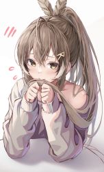 Rule 34 | 1girl, absurdres, ahoge, alternate costume, blush, brown eyes, brown hair, brown sweater, feather hair ornament, feathers, flustered, hair in own mouth, hair ornament, hairclip, highres, hololive, hololive english, kaiwa, long hair, looking at viewer, multicolored hair, nanashi mumei, off shoulder, ponytail, sleeves past wrists, streaked hair, sweater, very long hair, virtual youtuber