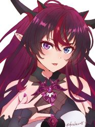 Rule 34 | 1girl, absurdres, ahoge, black dress, black gloves, black hair, blue eyes, blush, breasts, bridal gauntlets, commentary, demon horns, dress, fangs, fuusuke (fusuke208), gloves, hair between eyes, hand on own chest, heterochromia, highres, hololive, hololive english, horns, irys (hololive), long hair, looking at viewer, medium breasts, multicolored hair, nail polish, nails visible through gloves, open mouth, pointy ears, portrait, purple eyes, purple hair, purple nails, red hair, simple background, smile, solo, streaked hair, twitter username, two-tone dress, virtual youtuber, white background, white dress