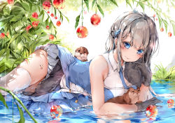 Rule 34 | 1girl, bare shoulders, blue eyes, closed mouth, dema hmw, eyebrows, gloves, grey hair, hair ornament, long hair, looking at viewer, lying, on side, original, plant, skirt, smile, solo, thighhighs, thighs, water, white thighhighs, zettai ryouiki