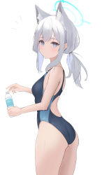 Rule 34 | 1girl, absurdres, animal ear fluff, animal ears, ass, blue archive, blue eyes, blue one-piece swimsuit, bottle, commentary request, competition swimsuit, cowboy shot, from side, grey hair, halo, highres, looking at viewer, low ponytail, medium hair, one-piece swimsuit, parted bangs, shiroko (blue archive), shiroko (swimsuit) (blue archive), simple background, solo, standing, swimsuit, thighs, white background, xochi (nueeen6978)