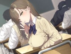 Rule 34 | 1girl, blush, bow, bowtie, breasts, brown hair, cardigan, chair, classroom, desk, dutch angle, go-1, highres, indoors, long hair, looking at viewer, looking back, medium breasts, non-web source, open mouth, original, people, school chair, school desk, school uniform, sitting, solo focus, straight hair, striped bow, striped bowtie, striped clothes, upper body, yellow cardigan
