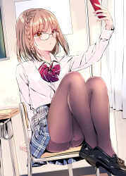 Rule 34 | 1girl, arm support, black-framed eyewear, black footwear, black pantyhose, blonde hair, blue skirt, bow, bowtie, braid, collared shirt, commentary request, crossed ankles, curtains, dated, desk, eyelashes, glasses, highres, holding, holding phone, indoors, knees up, kobayashi chisato, legs, loafers, long sleeves, looking at phone, medium hair, on chair, original, outstretched arm, panties, pantyhose, pantyshot, phone, plaid, plaid skirt, pleated skirt, red bow, red bowtie, school desk, school uniform, selfie, shirt, shirt tucked in, shoes, signature, single braid, sitting, skirt, solo, striped bow, striped bowtie, striped clothes, thighs, underwear, white shirt