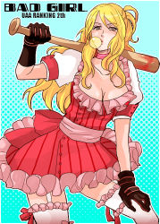Rule 34 | 1girl, bad girl, bad id, bad pixiv id, baseball bat, blonde hair, blood, breasts, blowing bubbles, chewing gum, cleavage, dress, frills, gloves, grasshopper manufacture, large breasts, lolita fashion, long hair, no more heroes, solo, sudachips, thighhighs, tomboy, weapon