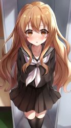 Rule 34 | 1girl, aisaka taiga, arms behind back, black serafuku, black skirt, black thighhighs, blush, brown eyes, brown hair, collarbone, commentary request, feet out of frame, highres, indoors, legs together, locker, long hair, looking at viewer, neckerchief, oohashi high school uniform, open mouth, parum39, pleated skirt, sailor collar, school uniform, serafuku, sidelocks, skirt, solo, thighhighs, toradora!, white neckerchief