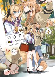 Rule 34 | 2girls, absurdres, animal ears, arknights, aunt and niece, bag, blemishine (arknights), blonde hair, blue eyes, bubble tea, closed eyes, cup, dating, denim, drinking straw, english text, handbag, heart, high heels, highres, holding, holding cup, holding hands, horse ears, horse girl, horse tail, incest, jeans, mask, mouth mask, multiple girls, pants, rekka, scarf, selfie, shoes, shopping bag, smile, sneakers, social network, spoken blush, sunglasses, tail, torn clothes, torn jeans, torn pants, watch, whislash (arknights), wristwatch, yellow eyes, yuri