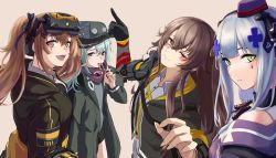 Rule 34 | 3 small spiders, 4girls, absurdres, black jacket, blue hair, blush, bow, brown eyes, brown hair, candy, closed mouth, expressionless, food, g11 (girls&#039; frontline), girls&#039; frontline, green eyes, green headwear, grey eyes, hair between eyes, hair bow, hair ornament, hair ribbon, hairclip, hat, headset, highres, hk416 (girls&#039; frontline), hk416 (mod3) (girls&#039; frontline), holding, holding candy, holding food, hood, hooded jacket, index finger raised, jacket, long hair, looking at viewer, mechanical arms, mini hat, multiple girls, official alternate costume, one eye closed, open clothes, open jacket, open mouth, pink background, ribbon, scar, scar across eye, scar on face, scarf, shirt, single mechanical arm, smile, tactical clothes, teeth, twintails, ump45 (girls&#039; frontline), ump45 (mod3) (girls&#039; frontline), ump9 (girls&#039; frontline), ump9 (mod3) (girls&#039; frontline), upper body, upper teeth only, uwu, white shirt