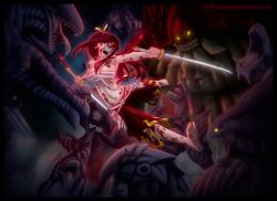 Rule 34 | 1girl, bandages, bandages around chest, barefoot, battle, blood, dual wielding, earrings, erza scarlet, fairy tail, feet, fighting, hair ribbon, hakama, hakama skirt, holding, holding sword, holding weapon, injury, japanese clothes, jewelry, katana, law67, long hair, monster, open mouth, red eyes, red hair, reverse grip, ribbon, sarashi, skirt, sword, torn clothes, weapon