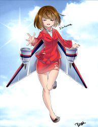 Rule 34 | 1girl, :d, ^ ^, airasia, breasts, brown hair, closed eyes, cloud, commentary, crying, english text, female focus, flight attendant, flying, formal, happy, happy tears, jacket, kashi kosugi, leg lift, lens flare, malaysia, malaysia airlines, malaysia airlines flight 370, mecha musume, open mouth, original, outdoors, outstretched hand, pencil skirt, personification, shiny skin, shirt, shoes, short hair, signature, skirt, skirt suit, sky, small breasts, smile, solo, suit, sun, tears, thigh gap, torn clothes, torn skirt, travel attendant, wings