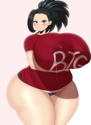 Rule 34 | 1girl, absurdres, ass, black eyes, black hair, black panties, blush, boku no hero academia, bottomless, breasts, curvy, fladdykin, gigantic breasts, higher resolution available, highres, huge ass, huge breasts, long hair, looking at viewer, panties, plump, ponytail, puffy nipples, red shirt, shirt, short sleeves, solo, thick thighs, thighs, underwear, white background, wide hips, yaoyorozu momo
