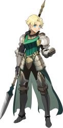 Rule 34 | 1boy, absurdres, armor, artist request, blonde hair, blue eyes, character request, full body, gloves, highres, holding, lance, leg armor, line albion senki, male focus, pauldrons, polearm, shoulder armor, solo, transparent background, weapon, white background