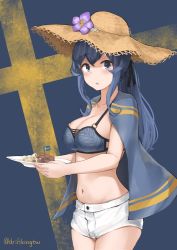Rule 34 | 1girl, bikini, bikini top only, blue bikini, blue cape, blue eyes, blue hair, blush, breasts, brown hat, cape, cleavage, collarbone, commentary, driftkingtw, flower, food, gotland (kancolle), hair between eyes, hat, hat flower, holding, holding plate, kantai collection, long hair, looking at viewer, mashed potatoes, meatball, medium breasts, navel, o-ring, o-ring bikini, o-ring top, parted lips, plate, purple flower, short shorts, shorts, solo, straw hat, swedish flag, swimsuit, twitter username, very long hair, white flower, white shorts