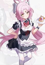 Rule 34 | 1girl, :&lt;, absurdres, alternate costume, apron, black dress, blush, bow, bow-shaped hair, closed mouth, commentary request, dress, enmaided, forehead jewel, frilled apron, frilled bracelet, frills, fu xuan (honkai: star rail), fuel (honkai: star rail), highres, histheme, holding, holding tray, honkai: star rail, honkai (series), long hair, looking at viewer, low twintails, maid, maid apron, pantyhose, parted bangs, pink hair, puffy short sleeves, puffy sleeves, red bow, red ribbon, ribbon, short sleeves, solo, tray, twintails, very long hair, waist apron, white apron, white pantyhose, yellow eyes