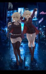 Rule 34 | 2girls, arm up, artoria pendragon (all), artoria pendragon (fate), belt, belt buckle, black dress, black footwear, black legwear, black shirt, black shorts, boots, breasts, brown eyes, buckle, commentary request, dress, fate/grand order, fate (series), fur-trimmed jacket, fur-trimmed sleeves, fur trim, hair between eyes, hand up, highres, holding, jacket, jeanne d&#039;arc (fate), jeanne d&#039;arc alter (fate), jeanne d&#039;arc alter (ver. shinjuku 1999) (fate), karinto yamada, knee boots, large breasts, light brown hair, long hair, long sleeves, multiple girls, neon lights, night, night sky, official alternate costume, open clothes, open jacket, outdoors, purple jacket, reflection, saber alter, saber alter (ver. shinjuku 1999) (fate), shinjuku (tokyo), shirt, short shorts, shorts, sky, star (symbol), stretching, thigh boots, thighhighs, tokyo (city), white belt, wicked dragon witch ver. shinjuku 1999