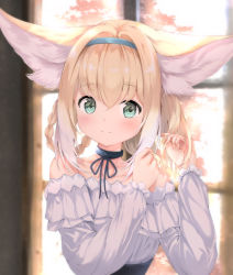 Rule 34 | 1girl, absurdres, alternate costume, animal ear fluff, animal ears, arknights, bare shoulders, black collar, blonde hair, blouse, blue hairband, blurry, blush, braid, braided hair rings, casual, choker, closed mouth, collar, collarbone, commentary request, depth of field, emimeku, fox ears, fox girl, green eyes, hair between eyes, hair rings, hairband, hands up, highres, infection monitor (arknights), long hair, long sleeves, looking at viewer, multicolored hair, off-shoulder shirt, off shoulder, puffy long sleeves, puffy sleeves, shirt, smile, solo, suzuran (arknights), two-tone hair, upper body, white hair, white shirt, window