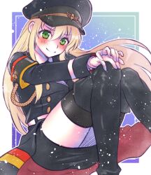 Rule 34 | absurdres, ao (yashuring), armband, black skirt, blonde hair, blush, boots, coat, commission, commissioner upload, embarrassed, girls&#039; frontline, gloves, green eyes, hat, highres, long hair, looking at viewer, military hat, military uniform, necktie, shirt, sitting, skeb commission, skirt, smile, stg44 (girls&#039; frontline), thighhighs, thighs, uniform, very long hair, white gloves, white shirt