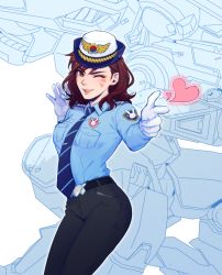 Rule 34 | 1girl, ;d, animal print, bad id, bad pixiv id, belt, belt buckle, black belt, black pants, blue shirt, breast pocket, breasts, brown eyes, brown hair, buckle, buttons, character name, collared shirt, contrapposto, cowboy shot, d.va (overwatch), ecila, epaulettes, facepaint, facial mark, female service cap, gloves, hands up, heart, heroes of the storm, impossible necktie, index finger raised, korean text, legs together, long hair, long sleeves, looking at viewer, mecha, meka (overwatch), name tag, necktie, officer d.va, official alternate costume, one eye closed, open mouth, overwatch, overwatch 1, pants, pink lips, pocket, pointing, pointing at viewer, police, police uniform, policewoman, rabbit print, robot, shirt, simple background, smile, solo, standing, striped necktie, striped neckwear, tie clip, uniform, whisker markings, white background, white gloves, wing collar