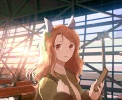Rule 34 | 1girl, airport, animal ears, blurry, blurry background, brown hair, cellphone, ear covers, green jacket, grey shirt, hands up, highres, holding, holding phone, horse ears, indoors, jacket, king halo (umamusume), long hair, looking at viewer, mimi (usausamm5), open mouth, phone, photo background, red eyes, shirt, smile, solo, umamusume, upper body