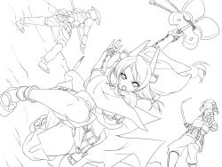 Rule 34 | 1girl, 2boys, greyscale, highres, lineart, long hair, looking back, monochrome, multiple boys, open mouth, sword, toron (mino106), weapon