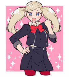 Rule 34 | 1girl, :d, artist name, black skirt, blonde hair, blue eyes, border, bow, bowtie, clenched hand, cowboy shot, cropped legs, do m kaeru, gekkoukan high school uniform, hair ornament, hairclip, hand on own hip, hand up, long hair, looking at viewer, open mouth, outside border, pantyhose, persona, persona 3, persona 5, pink background, red bow, red bowtie, red pantyhose, school uniform, skirt, smile, solo, sparkle, swept bangs, takamaki anne, twintails, two-tone background, white border