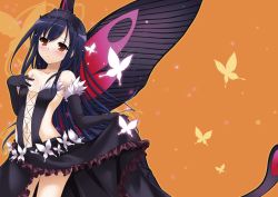 Rule 34 | 10s, 1girl, :&lt;, accel world, black gloves, black hair, blush, brown eyes, bug, butterfly, butterfly wings, clothes lift, dress, dress lift, elbow gloves, gloves, headdress, insect, insect wings, kuroyukihime, long hair, nakajima yuka, orange background, solo, wings