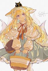 Rule 34 | 1girl, absurdres, animal ear fluff, animal ears, arknights, bag, basket, blonde hair, blue eyes, blue hairband, blue skirt, capelet, commentary request, dated, feet out of frame, fox ears, fox girl, fox tail, frilled capelet, frilled hairband, frills, grey background, hairband, head tilt, highres, holding, holding basket, kitsune, long hair, long sleeves, looking at viewer, luluya709, luo xiaohei zhanji, neck ribbon, pantyhose, parted lips, puffy long sleeves, puffy sleeves, red ribbon, ribbon, shirt, shoulder bag, signature, simple background, skirt, sleeves past wrists, solo, suzuran (arknights), suzuran (spring praise) (arknights), tail, very long hair, white capelet, white pantyhose, white shirt