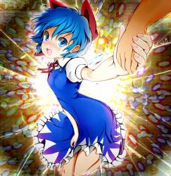 Rule 34 | 1girl, blue dress, blue eyes, blue hair, blush, bow, cirno, dress, foreshortening, hair bow, holding hands, ice, male hand, reri, short hair, touhou, wings
