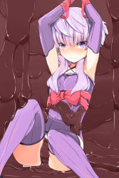 Rule 34 | 1girl, absurdres, armpits, arms up, black panties, blush, bow, breasts, chocolate, chocolate on clothes, closed mouth, commentary request, elbow gloves, feet out of frame, gloves, hair between eyes, hair over shoulder, highres, looking at viewer, low twintails, nose blush, panties, pink bow, pink ribbon, pon (shind 997), purple eyes, purple gloves, purple hair, purple thighhighs, ribbed legwear, ribbon, small breasts, solo, thighhighs, twintails, underwear, vocaloid, voiceroid, yuzuki yukari