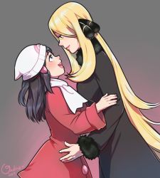 Rule 34 | 00s, 10s, 2013, 2girls, :d, age difference, black hair, blonde hair, blue eyes, child, couple, creatures (company), cynthia (pokemon), dawn (pokemon), eye contact, game freak, height difference, lips, long hair, looking at another, multiple girls, nintendo, onee-loli, open mouth, pokemon, pokemon dppt, profile, roarke (lavenderincubus), scarf, signature, smile, white scarf, winter clothes, yuri