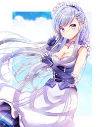 1girl, apron, azur lane, belfast (azur lane), blue dress, blue sky, border, braid, breasts, broken, broken chain, chain, chains, cleavage, cloud, cloudy sky, collar, corset, dress, eyebrows visible through hair, french braid, frilled apron, frilled gloves, frills, gloves, highres, large breasts, long hair, looking at viewer, maid, maid apron, maid headdress, purple eyes, silver hair, sky, smile, solo, user fgpn3373, white apron, white border, white hair