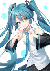 Rule 34 | 1girl, bare shoulders, black skirt, black sleeves, blue eyes, blue hair, blue necktie, blush, collared shirt, commentary request, detached sleeves, grin, hair between eyes, hair ornament, hands up, hatsune miku, highres, index fingers raised, long hair, long sleeves, looking at viewer, necktie, pleated skirt, see-through, see-through sleeves, shirt, skirt, sleeveless, sleeveless shirt, smile, solo, sugar (dndi888), twintails, very long hair, vocaloid, white background, white shirt, wide sleeves