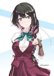 Rule 34 | 1girl, alternate hairstyle, black hair, blouse, bow, bowtie, braid, breasts, brown gloves, commentary request, cowboy shot, fingerless gloves, gloves, hair over shoulder, kantai collection, large breasts, long hair, looking at viewer, mikage takashi, multicolored hair, naganami (kancolle), naganami kai ni (kancolle), pink hair, pleated skirt, purple eyes, shirt, short sleeves, single braid, skirt, smile, solo, standing, twitter username, two-tone background, two-tone hair, vest, white background, white shirt