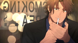 Rule 34 | 1boy, absurdres, belmond banderas, black jacket, blue shirt, brown eyes, brown hair, choco (chocovix112), cigarette, collared shirt, eyebrows hidden by hair, facial hair, hands up, highres, jacket, male focus, mirrored text, mouth hold, nijisanji, parted bangs, parted lips, rain, shirt, solo, stubble, thick eyebrows, upper body, virtual youtuber, window
