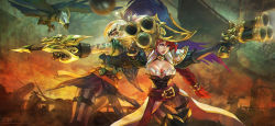 Rule 34 | 2girls, absurdres, alternate costume, alternate hair color, animal, armor, arrow (projectile), artist name, bald eagle, battle, belt, bird, black hat, blonde hair, blue eyes, blurry, boots, bowgun, braid, breasts, bullet, cannon, captain fortune, cleavage, cleavage cutout, clothing cutout, corsair quinn, cowboy shot, dual wielding, eagle, fire, firing, gun, hair between eyes, hair ornament, hairpin, handgun, harbor, hat, hat feather, headband, highres, holding, hood, huge weapon, large breasts, league of legends, lips, long hair, low-tied long hair, miss fortune (league of legends), monori rogue, motion blur, multiple girls, outdoors, pants, pirate hat, pistol, quinn (league of legends), red hair, riot games, ship, shoulder pads, single braid, smile, standing, tattoo, thigh boots, thigh gap, thighhighs, valor (league of legends), very long hair, watercraft, watermark, weapon, web address