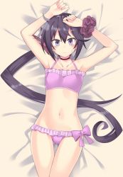 Rule 34 | 10s, 1girl, 501092-taka, akebono (kancolle), arms up, bare shoulders, bell, bikini, blush, breasts, flower, frilled bikini, frills, hair bell, hair flower, hair ornament, jingle bell, kantai collection, long hair, looking at viewer, lying, navel, on back, pink bikini, purple eyes, purple hair, scrunchie, side ponytail, small breasts, solo, sweat, swimsuit, very long hair, wrist scrunchie