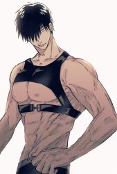 Rule 34 | 1boy, abs, black hair, commentary request, fushiguro touji, fushirun rung, green eyes, hair over one eye, head tilt, highres, jujutsu kaisen, looking at viewer, male focus, mature male, muscular, muscular arms, muscular male, nipples, pants, pectorals, pectorals, scar, scar on face, scar on mouth, short hair, simple background, solo, veins, white background