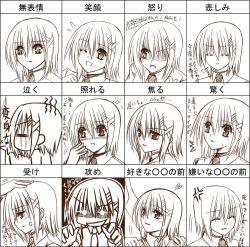 Rule 34 | 00s, 1girl, blush, brown theme, expressions, closed eyes, hair ornament, leoheart, lyrical nanoha, mahou shoujo lyrical nanoha, mahou shoujo lyrical nanoha a&#039;s, mahou shoujo lyrical nanoha strikers, monochrome, multiple views, one eye closed, partially translated, short hair, translation request, wink, x hair ornament, yagami hayate