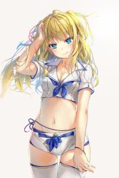 Rule 34 | 1girl, blonde hair, blue eyes, blush, breasts, cleavage, cowboy shot, long hair, midriff, navel, original, sailor collar, short shorts, shorts, simple background, smile, solo, thighhighs, white thighhighs, wingheart
