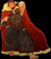Rule 34 | 1boy, :q, arm behind head, armor, armpits, bara, barefoot, beard, cape, commentary request, facial hair, fate/zero, fate (series), from below, full body, iskandar (fate), looking at viewer, male focus, pectoral cleavage, pectorals, photoshop (medium), red eyes, red hair, seductive smile, shuuki (kinsei), smile, solo, tongue, tongue out