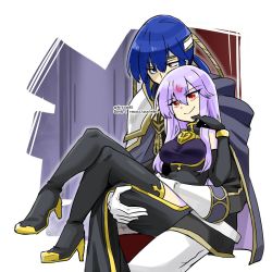 Rule 34 | 1boy, 1girl, alternate costume, bare shoulders, black gloves, black jacket, black thighhighs, blue eyes, blue hair, boots, brother and sister, cape, carrying, carrying against hip, chair, corruption, crossed legs, crystal, dark persona, elbow gloves, evil smile, fire emblem, fire emblem: genealogy of the holy war, forehead jewel, gloves, hand on own face, heterochromia, high heel boots, high heels, jacket, julia (fire emblem), lipstick, long hair, loptous (fire emblem), makeup, nintendo, possessed, purple hair, red eyes, resolution mismatch, seliph (fire emblem), siblings, sitting, smile, source smaller, thigh boots, thighhighs, thighs, watermark, white background, white gloves, yukia (firstaid0)