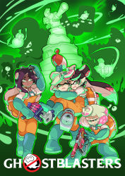 Rule 34 | 4girls, blouse, boots, callie (splatoon), carrying, colored skin, dark-skinned female, dark skin, fangs, ghost, ghostbusters, gloves, gomipomi, green footwear, green gloves, gun, highres, inkling, lifebuoy, looking at viewer, marie (splatoon), marina (splatoon), mole, mole under mouth, multiple girls, nintendo, octoling, open mouth, orange overalls, overalls, parody, pearl (splatoon), pointy ears, princess carry, rubber boots, rubber gloves, salmon run (splatoon), scared, shirt, smallfry (splatoon), splatoon (series), splatoon 1, splatoon 2, standing, swim ring, tearing up, tentacle hair, weapon, white shirt